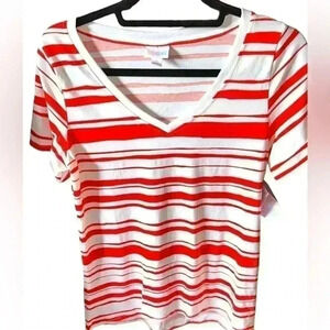 Lularoe small white with red stripes Christy V-neck  T. NWT. Great with‎ denim!